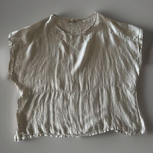 SAGA Linen Top Made In Italy Boxy Oversized Lagenlook Capped Sleeve Oatstraw Lg